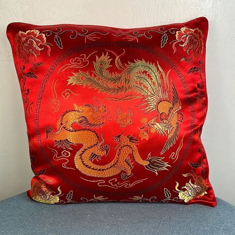 Red Satin Dragon Phoenix Decorative Pillow